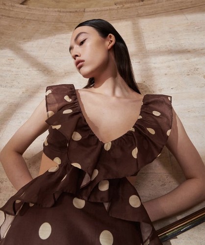 Sir The Label Vivi Frill Dress Size 1 AU 8 / US 4 Polka Dot Brown White Midi - Picture 8 of 11