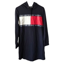 Tommy Hilfiger Womens M Navy Hoodie Dress Red White Flag Logo Hood Long Sleeves