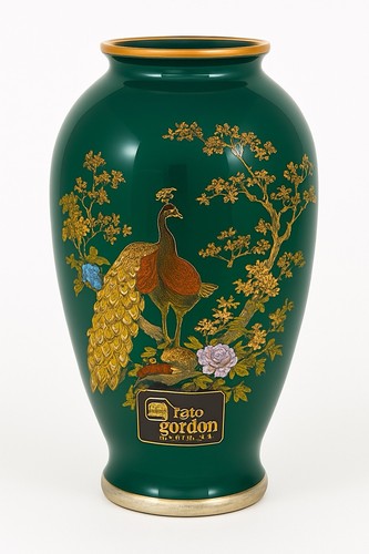 Vintage Sato Gordon Japanese Lacquer Vase Green Gold Peacocks Floral 10” - Picture 2 of 7