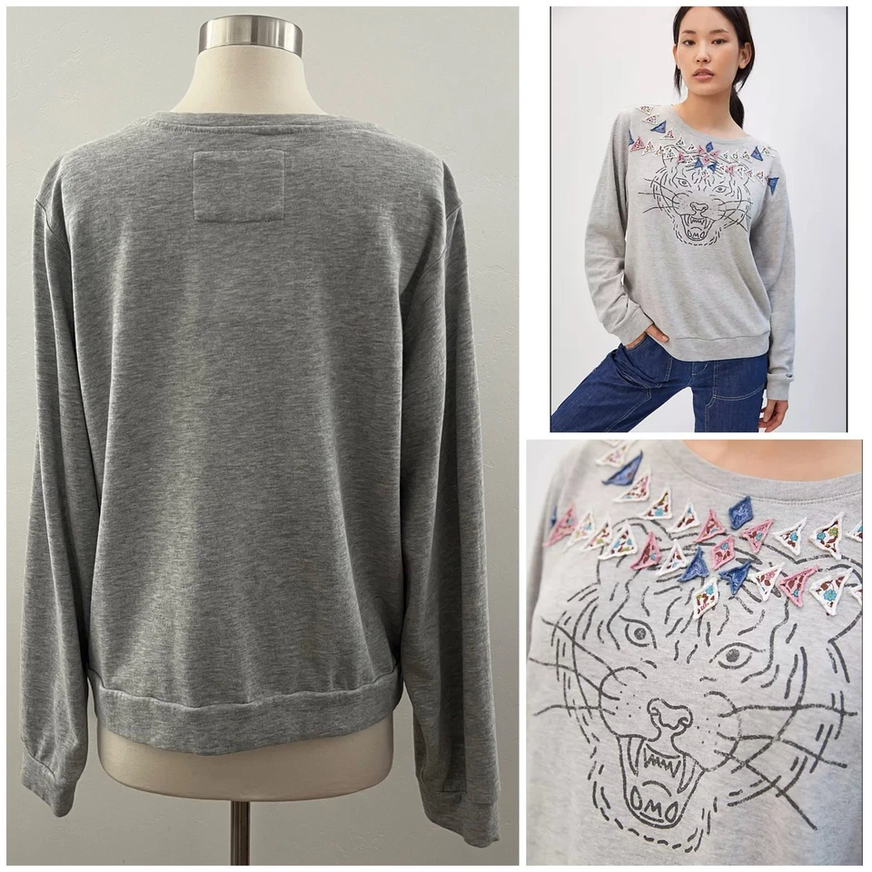Sudadera Anthropologie x Luna Mercantile Co Tigre Gráfica Patchwork Gris Pequeña Foto 2 de 4