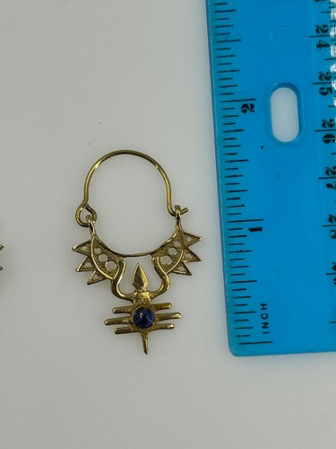 Vintage Tribal Sun Symbol Gold Tone Hoop Earrings with Blue Gemstone - Picture 6 of 6