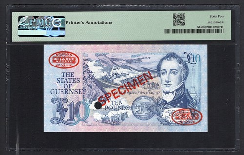 Guernsey 10 Pounds ND(1991-95) P54s "Specimen N.003" UNC Grade 64 Top Pop - Picture 2 of 2