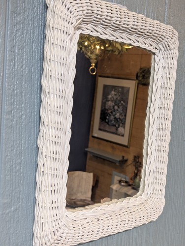 Wicker Mirror White Rattan. Coastal Cottage Vintage Rectangle Wall Hanging 10x14 - Picture 6 of 11