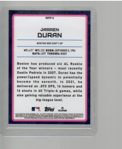 JARREN DURAN ROOKIE OF THE YEAR FAVORITES ROOKIE 2022 BOWMAN CHROME BASEBALL - Picture 2 of 2