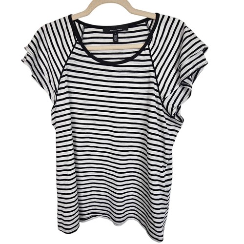 White House Black Market Top Striped T Shirt Scoop Neck T Shirt Women L Black