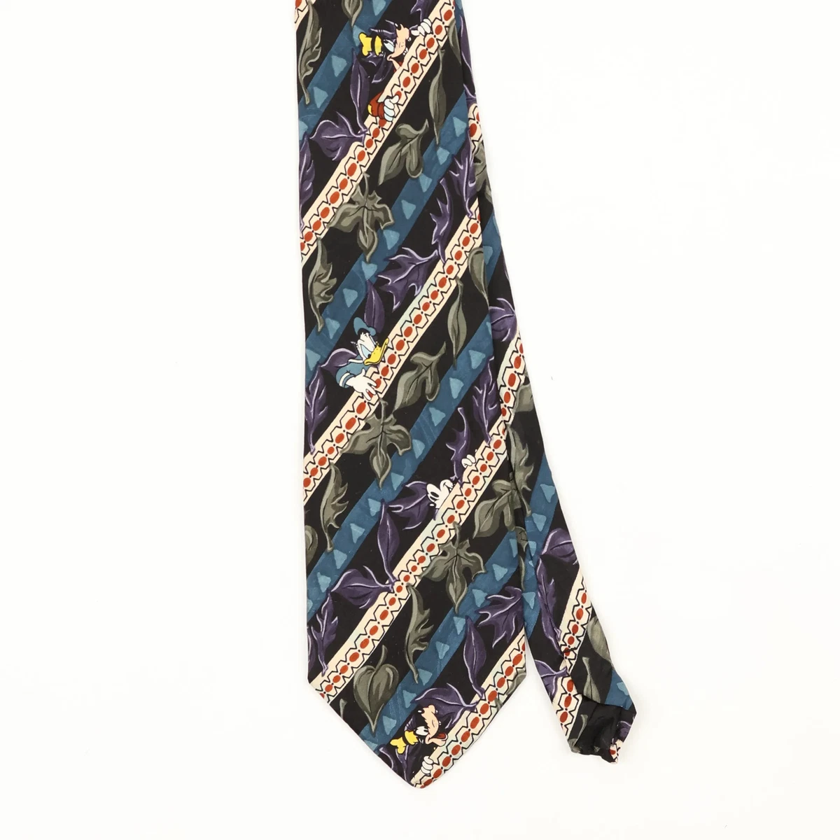 Disney Vintage Silk Tie 1990's Black Striped Donald Duck Wide Mens