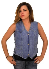 Womens Denim Vest W Side Laces, Removable Concealed Carry Gun Holster, 6 Pockets