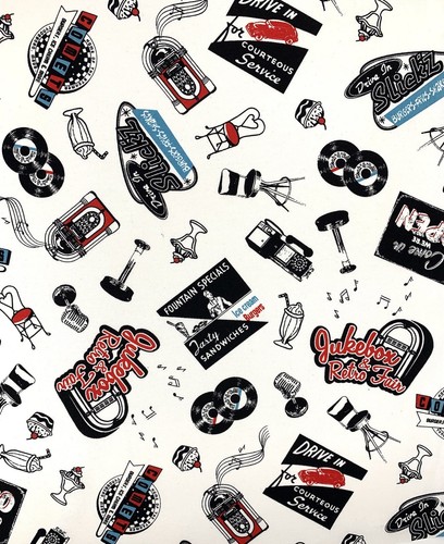 Retro cotton fabric Bye Bye Birdie 1950s fifties diner juke box American - Picture 2 of 4