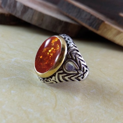 Solid 925 Sterling Silver Natural Baltic Amber Gemstone Wedding Men's Gift Ring - Picture 3 of 12