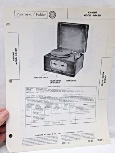Vtg Sams Photofact Folder Radio Parts Manual Knight Model 4G420 Record Player - Picture 1 of 4