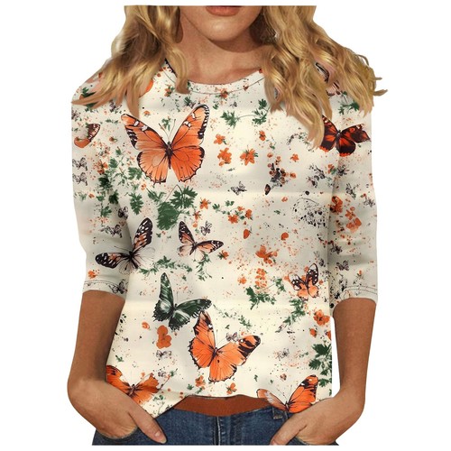 Ladies Summer Print 3/4 Sleeve Women's Round Neck Casual Tops Blouse T Shirt % - Picture 4 of 42