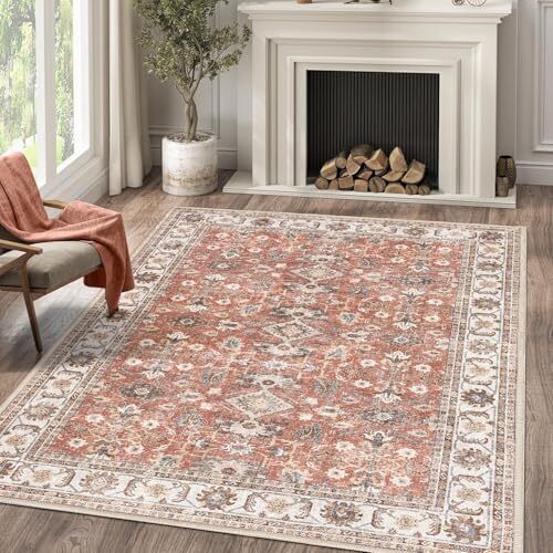 Area Rug 5x7 Brick Red Vintage Rug Traditional Area Rug 5'x7' Border Brick Red - Picture 2 of 7