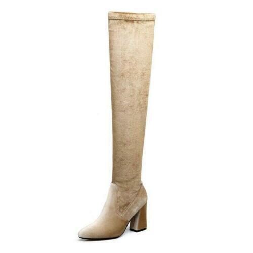 Women's Over Knee HIgh Boots Shoes High Block Heel Casual Zip Pointy Toe Party - Picture 17 of 17