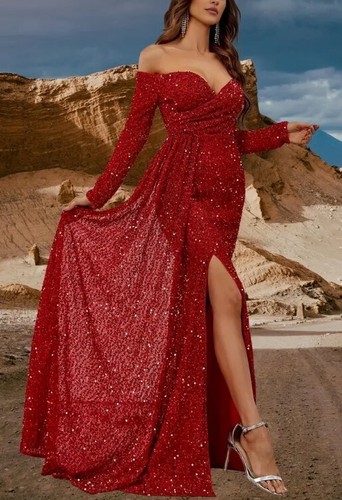 Elegantes schulterfreies Abendkleid, funkelndes Paillettenkleid mit langen Ärmel - Bild 13 von 15