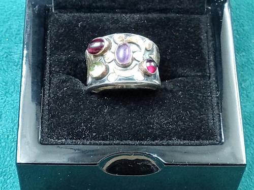 Sterling Silver Mixed Metal Ring w. Gemstone Settings: Size 7