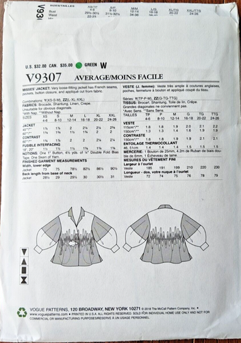 Vogue Designer Wearable Art Loose-fit Jacket w/Appliqué Pattern V9307 Size L-XXL - Picture 6 of 7