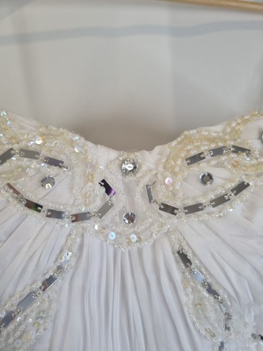 Imoda White Chiffon Sweetheart Ruched Beaded Pearl Wedding Dress Sz 10 - Picture 7 of 13