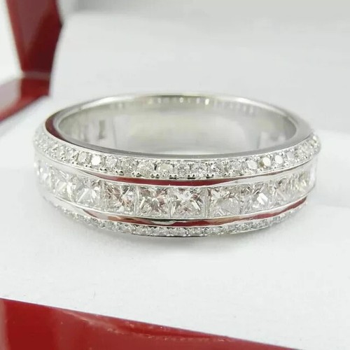 Anello Fede Nuziale Uomo Diamante Simulato Taglio Principessa 2Ct Placcato Oro Bianco 14K - Foto 4 di 4