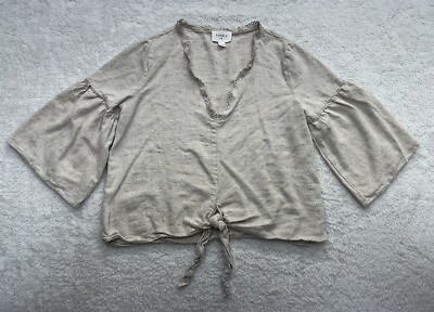 Everly Linen Blend Crop Tie Top Neutral Beige Bell Sleeves Modern Boho Chic Smal