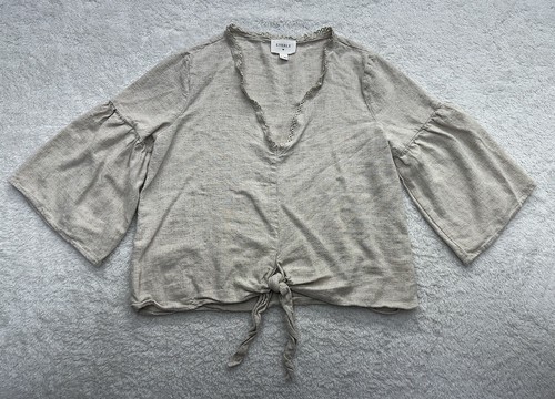 Everly Leinenmischung Crop Tie Top Neutral Beige Glockenärmel Modern Boho Chic Smal - Bild 1 von 12