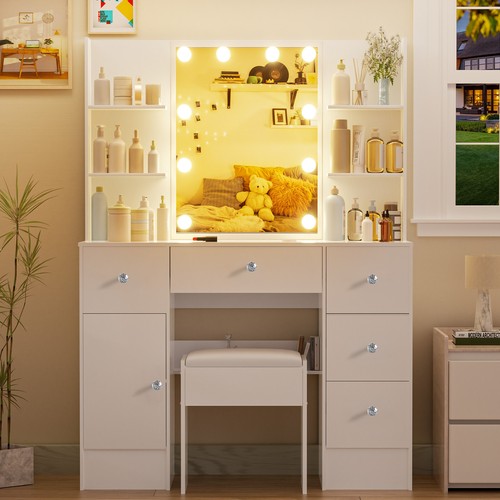 5-Drawer Vanity Set w/Mirror & Stool - Crystal Handle Makeup Dressing Table - Picture 4 of 9