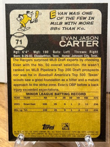 EVAN CARTER RANGERS 2022 TOPPS HERITAGE MINOR LEAGUE PROSECT CARD #71 - Picture 2 of 2