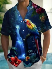 Men'S Tropical Hawaiian Parrot & Floral Print Short Sleeve Button-Up Shirt