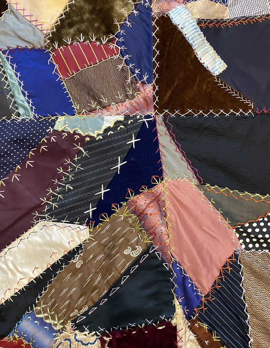 Antique Crazy Quilt All Hand Stitched Embroidered Silk Satin