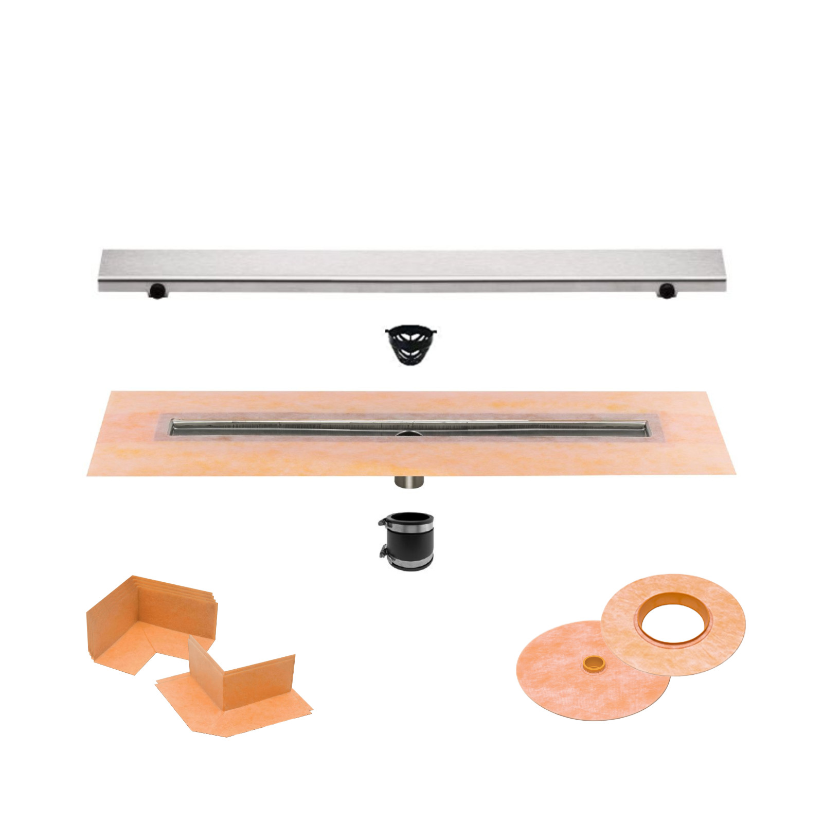 All-in-one linear waterproof drain kit- center channel body with grate