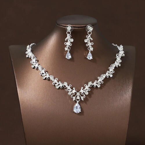 Bride Accessories Necklace Earrings 3PCS Set Women's Wedding Party Matching - Picture 42 of 63