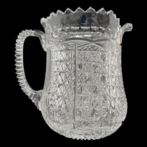 Cut Crystal Pitcher Artist Signed Turkish Glass Sawtooth Rim 2 Spout Chips P5 - Picture 1 of 9