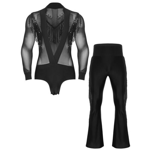 Mens Latin Tango Dance Costume Sequined Tassels Rhinestones Bodysuit with Pants - Picture 7 of 219