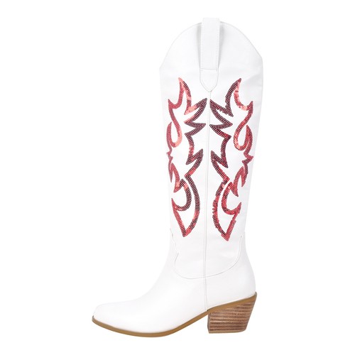 Onlymaker Womens Fashion Sequins Embroidery Tapered Heel Western Knee High Boots - Picture 28 of 32