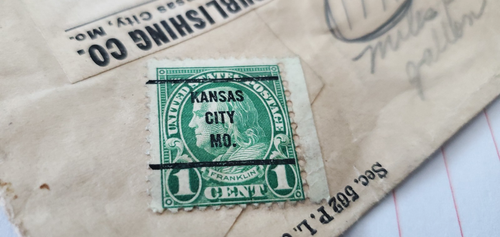 1937 US 1c Cent Franklin Stamp Green Precancel Kansas City MO *as shown w/ cover - Picture 10 of 11