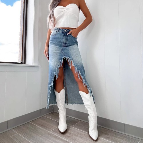 Women Casual Long Washed Denim Skirts Pockets High Waist Irregular Fringed Dress - Picture 3 of 12