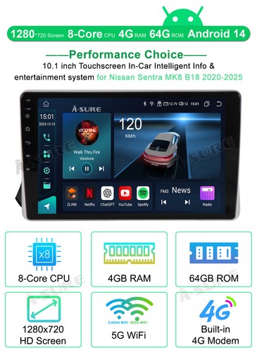 Radio estéreo de coche de 8 núcleos 4+64G para Nissan Sentra 2020-2025 Carplay Android 14 GPS - Imagen 2 de 13