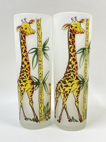 2 Vintage Glasses Giraffe Frosted Tall Animal Bamboo Bar Cocktail Retro Drink - Picture 1 of 12