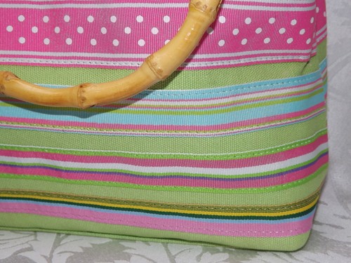 BRIGHT STRIPED RIBBON HANDBAG Ruffled Polkadot Edge w/ BAMBOO Wood HANDLE - Picture 10 of 10