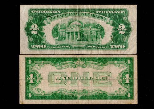 Lot of Two $2 1928-D Red Seal Note & $1 1928-A Blue Seal Silver Certificate(H38) - Picture 2 of 2
