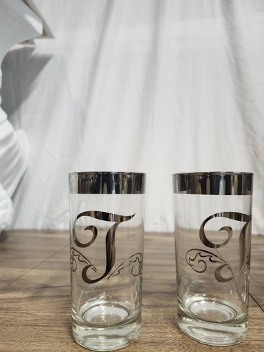 4 Vintage Dorothy Thorpe Highball Monogram T Silver Rim Glasses Mid Century MCM - Picture 3 of 9
