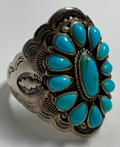 VINTAGE NAVAJO ZUNI RIESIGER TÜRKIS STERLINGSILBER CLUSTER RING GRÖSSE 11,5