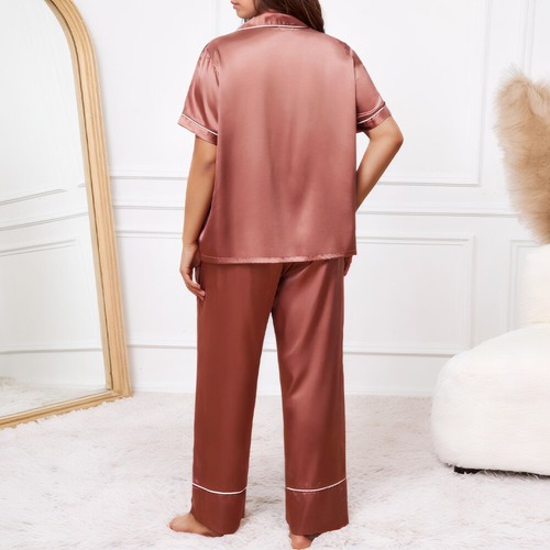 Plus Size Womens Ladies Button Silk Satin Pajamas PJs Sleepwear Nightwear Set - Picture 6 of 12
