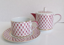 Lomonosov Pink Net Porcelain 22-karat Gold Teapot Cup Saucer Set Russia New, Box