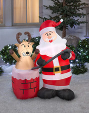 4' Christmas LED Inflatable Santa w/ Reindeer Stuck In Chimney Yard Decoration
