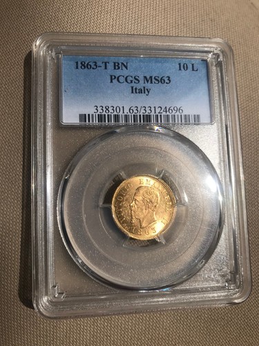 Rare 1863 BN Italy Gold 10 Lire PCGS MS63