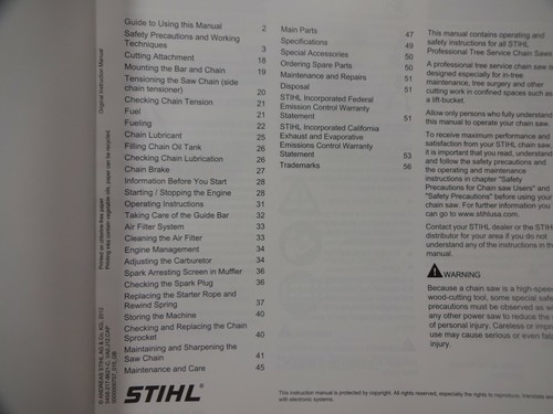 2012 STIHL MS192T Owners Operators Instruction Manual English Spanish - Picture 4 of 5