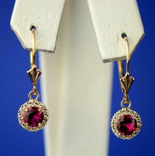 14k Yellow Gold Halo Dangle Round Leverback Pierced Earrings Birthstone - Picture 17 of 22