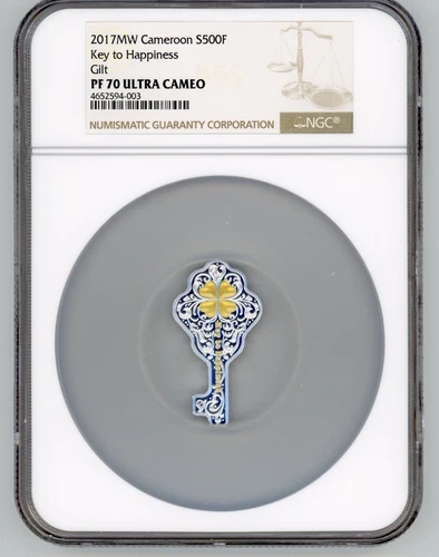 SILVER KEY TO HAPPINESS 2017MW CAMEROON 500F GILT NGC PF 70 UC