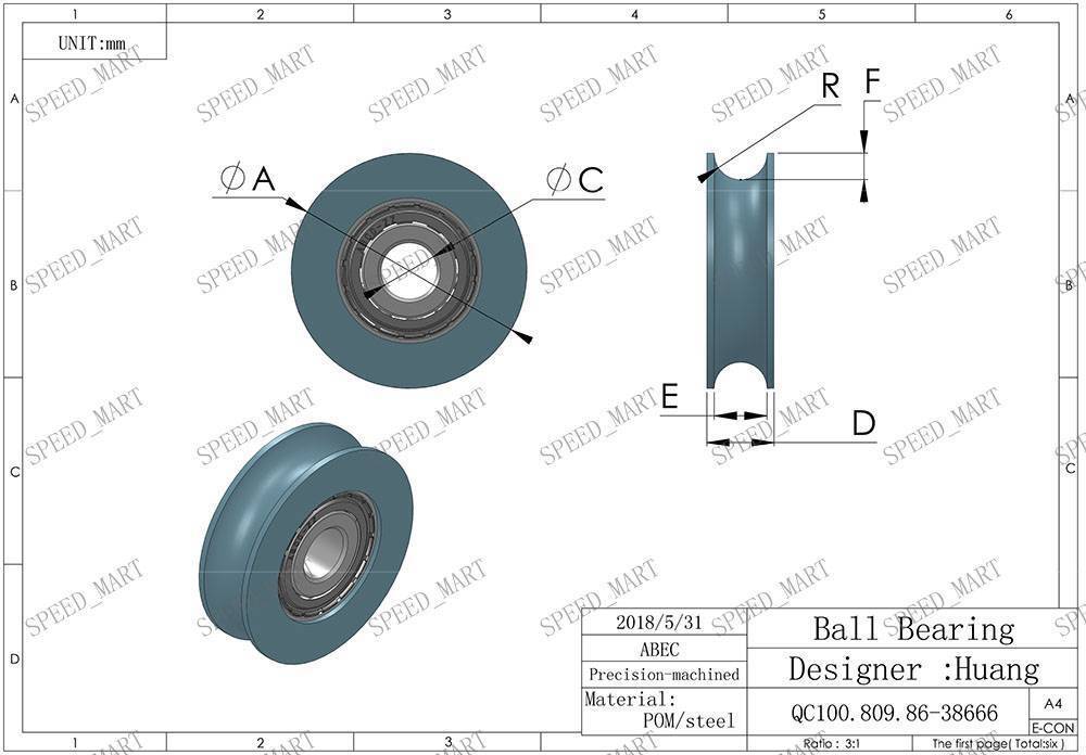 U Nylon plastic Embedded 696 Groove Ball Bearings 6*23*12mm Guide Pulley