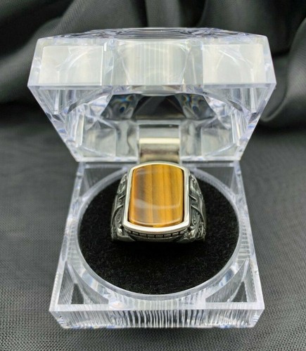 Anillo de plata de ley 925 con piedra de ojo de tigre para hombre. Figura Cabeza de Águila Doble.  - Imagen 6 de 7